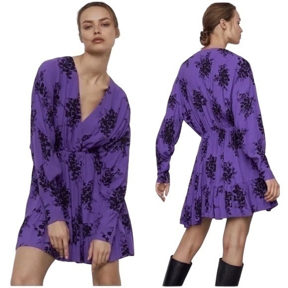NWT Zara Floral Plunging VNeck Blouson Mini Dress in Purple/Black - Picture 1 of 14